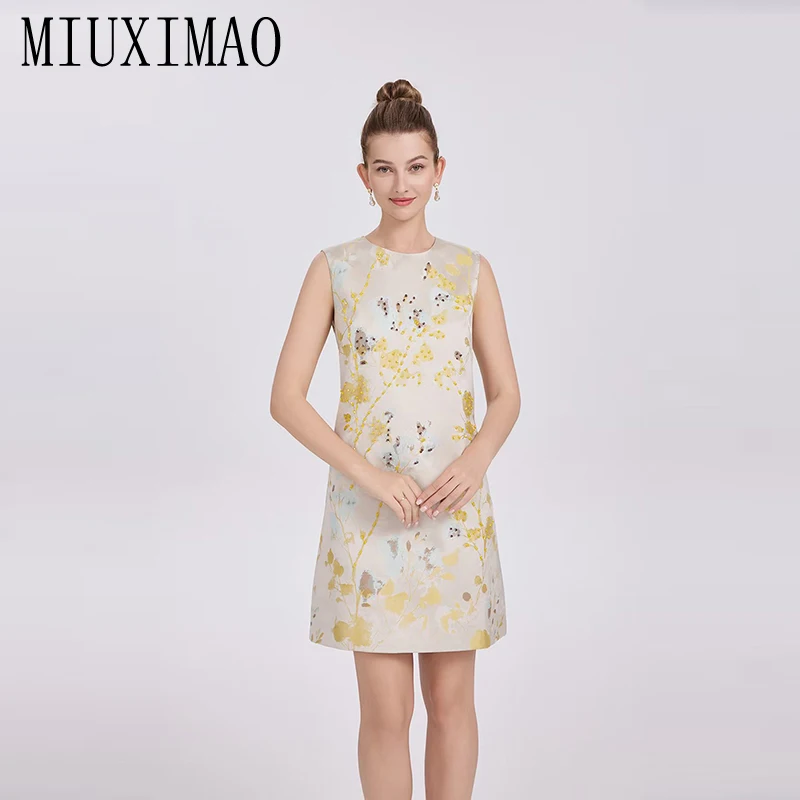 

MIUXIMAO 2025 Fashion Royal Luxury Jacquard Summer Dresses 3D Yellow Floral Diamonds Dress A-LINE Short Dress Women Vestides