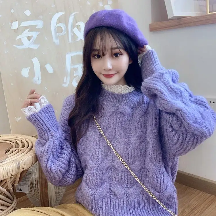 Girls Sweater Autumn Spring Korean Sweet LOOSE O-Neck Vintage Full Small Fresh All-match Women Sweater Keep Warm Lovely