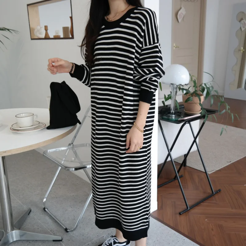 

Woman Elegant 2022 Thick Autumn Knitted Sweater Dress Women Solid Vintage Clothing Dresses New Korean Winter Warm Striped Robe