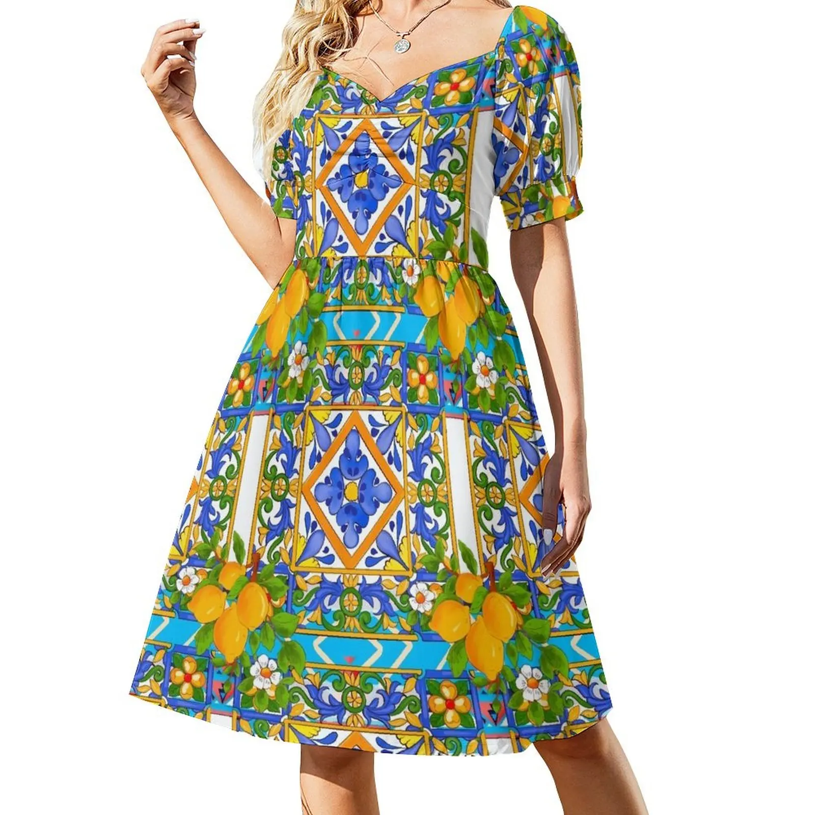 Summer ,Sicilian tiles ,citrus,lemons ,majolica Mediterranean Short Sleeved Dress prom dresses Dress