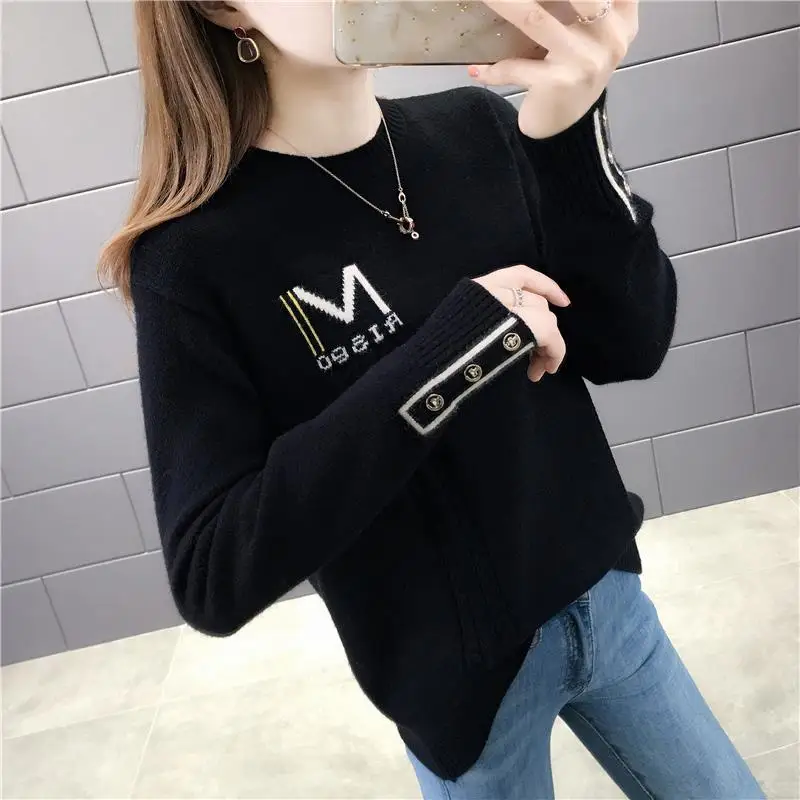 2023 Autumn Winter Women Korean Fashion Letter Button Chic Knitted Sweaters Casual Long Sleeve Loose Pullover Tops Basic Jumpers