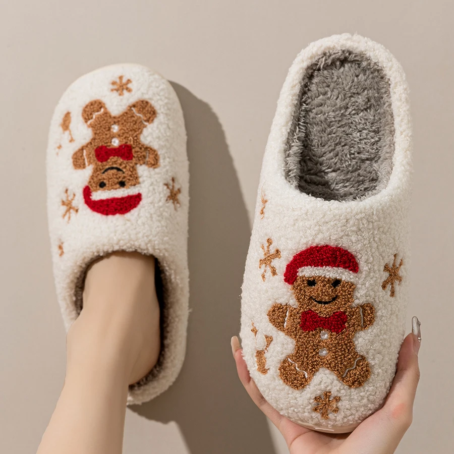 Women Slippers Christmas Cartoon Gingerbread Man Winter Indoor Warm Comfort Bedroom Soft Sole Lightweight Cotton Home Shoes