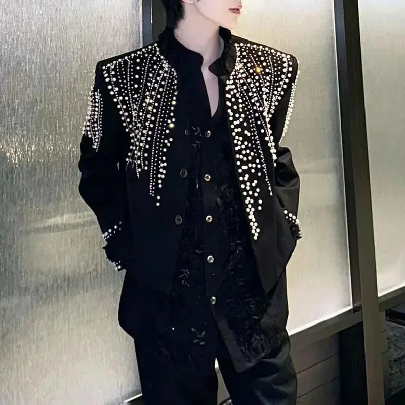 Men Rhinestone Beaded Blazer Jacket Shoulder Pad Suit Coat Male Nightclub Party Stage Performance Fashion Outerwear