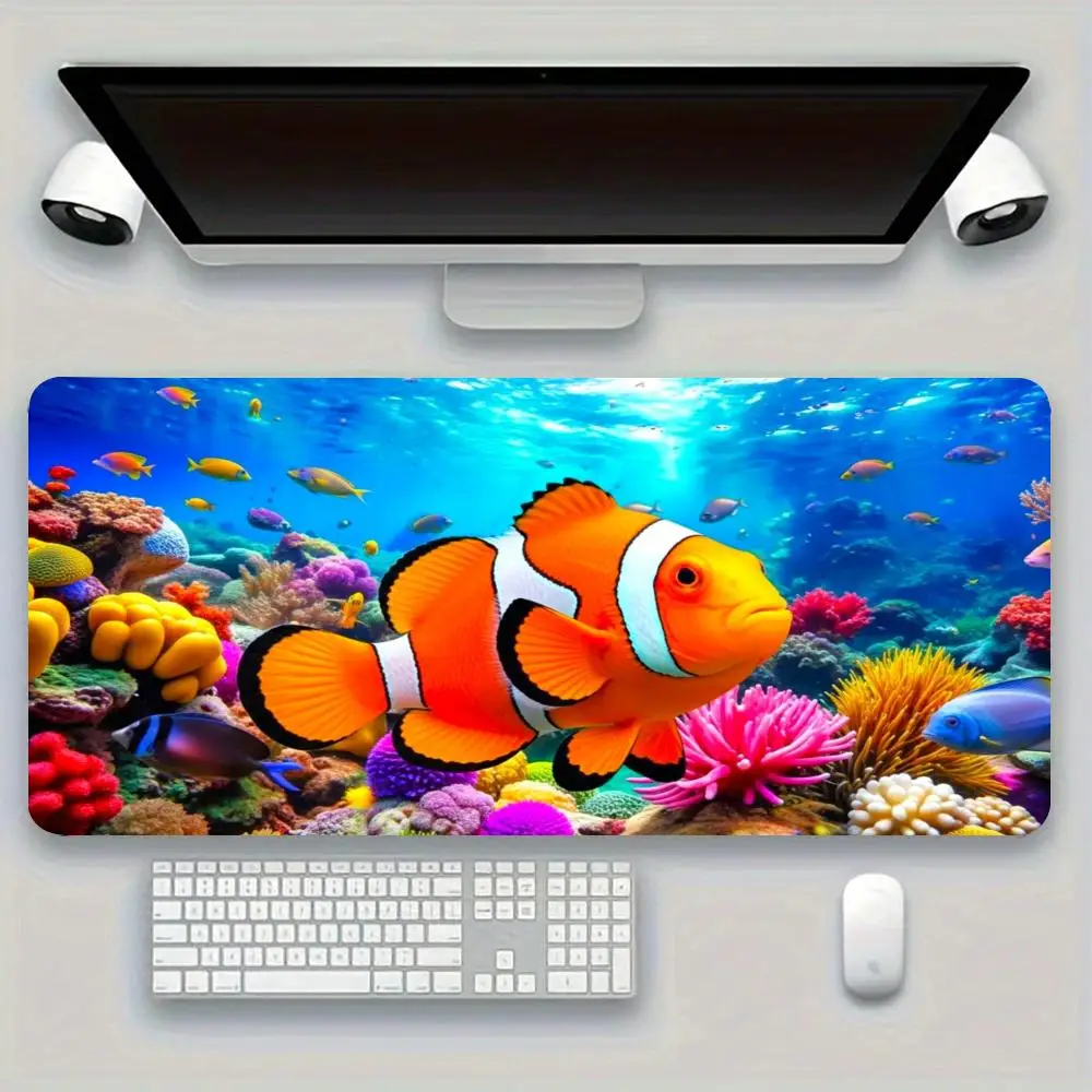 Coral Clownfish Gaming Desk Mat Tropical Ocean Style Durable Hemmed Edge Precise Control Non-Slip Mouse Pad