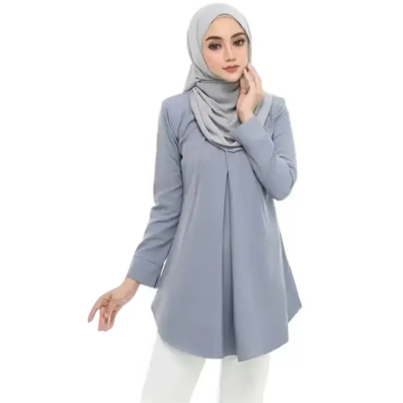 

Fashion Muslim Women Tops Femme Solid Color Long Sleeve Blouse Casual Loose Shirt Ruffles Hem Islamic Clothing Abaya Kaftan 2025