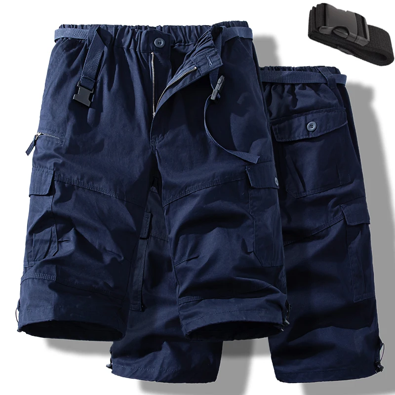 Man Shorts Casual Pants Light Weight Cotton Long Shorts Below Knee 3/4 Pants Elastic Waist with Belt Cargo Shorts