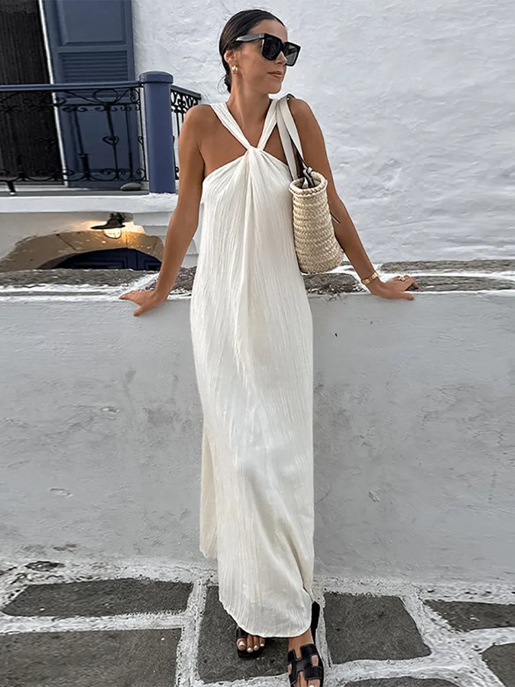 Sexy White Off Shoulder Halter Pleated Maxi Dress Fashion Sleeveless Loose Dresses Summer 2024 Ladies High Streetwear Vestidos