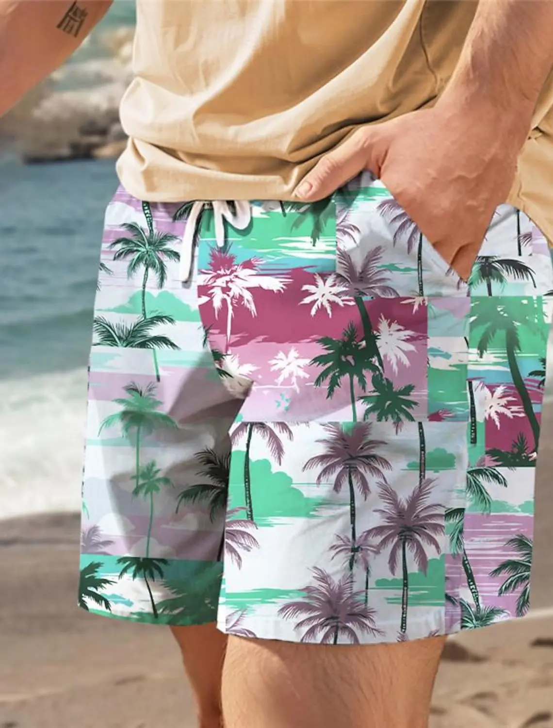 Fashion Palm Tree Tropical Printed Men's Board Shorts Hawaiian Shorts Swim Trunks Drawstring Comfort Breathable Vacation Shorts