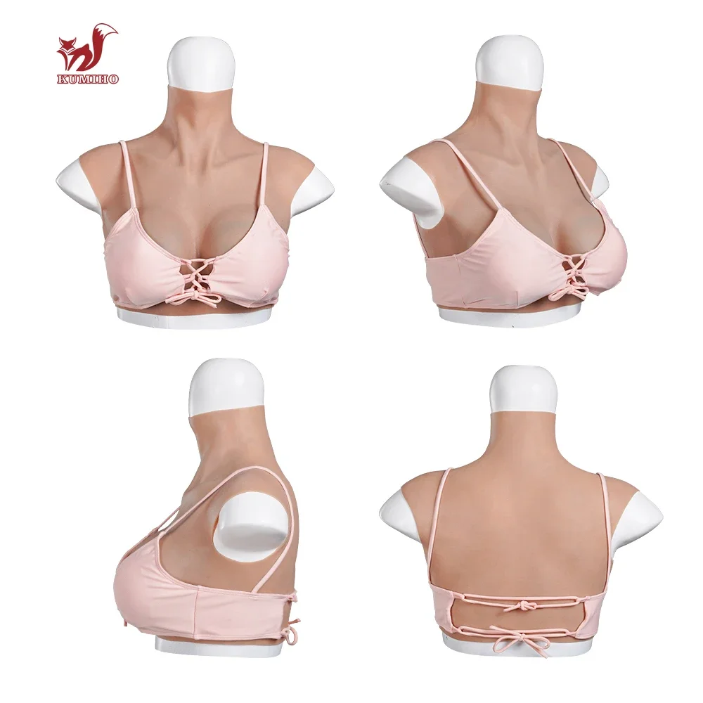 KUMIHO Sissy AA/A/B/C/D/E/G Cup High Collar Silicone Breast Form Fake Boobs Drag Queen Shemale Transgender Shemale Cosplay