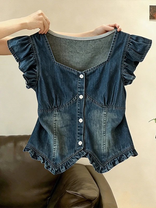 

Elegant Blue Vintage Large Size Women's Denim Shirt Square Collar Commuter Style Top Short Sleeve Korean Fashion 2026 Summer