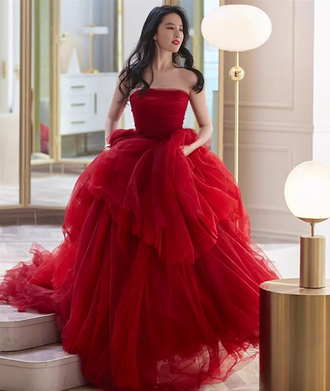 

Элегантное длинное красное тюлевое платье трапециевидной формы без бретелек для выпускного вечера Вечерние платья Красное бальное платье из тюля Вечернее платье