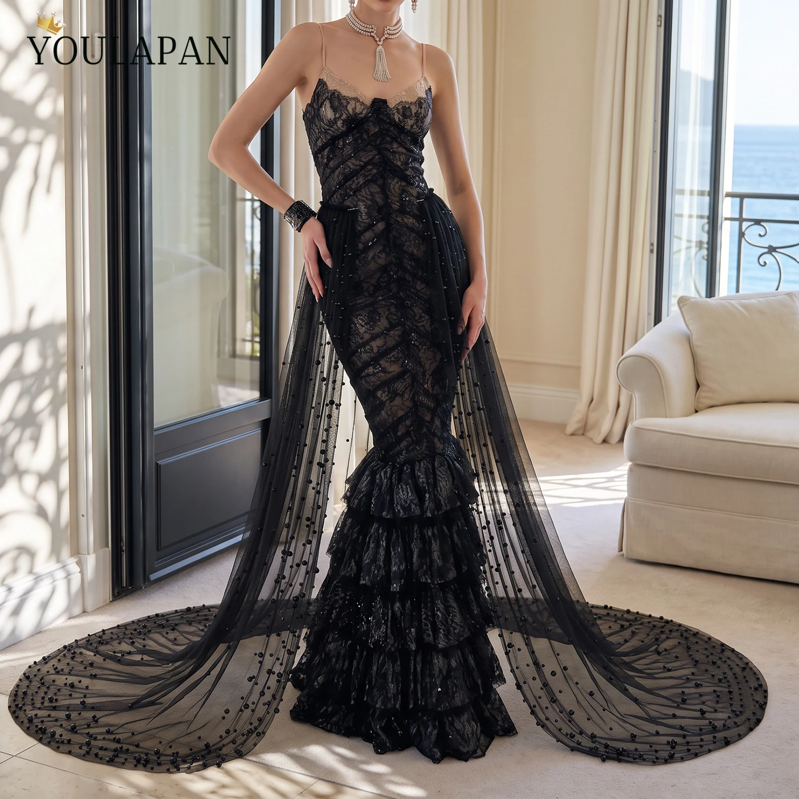 TOPQUEEN Black Pearl Tulle Over Skirt Detachable Wedding Train For Evening Prom Party Gothic Bride Wedding Accessories VB12