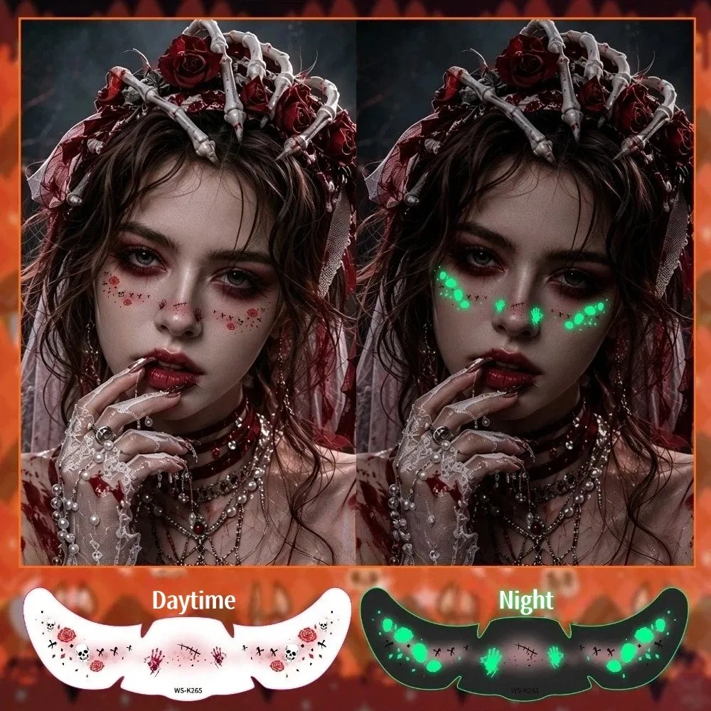 6 Sheets Waterproof Fluorescence Halloween Makeup Stickers Body Art Long Lasting Bloodstain Blush Stickers Cartoon Disposable