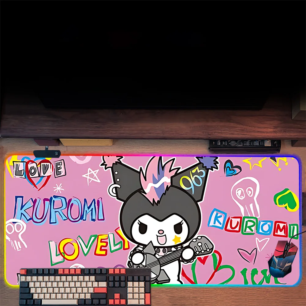 Cute Cartoon Kuromi RGB Pc Gamer Keyboard Mouse Pad Mousepad LED Glowing Mouse Mats Rubber Gaming Computer Mausepad