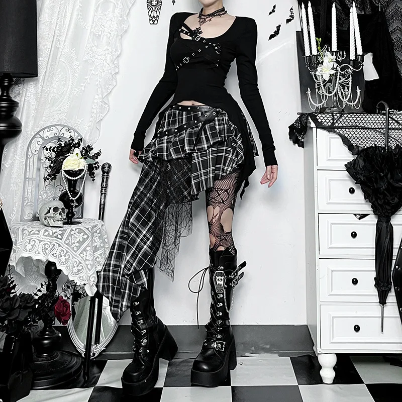 Goth Dark Punk Rivet Sexy Long Sleeve T-shirts Mall Gothic Slim Black Asymmetrical Tops for Women Casual Tees Streetwear Y2K