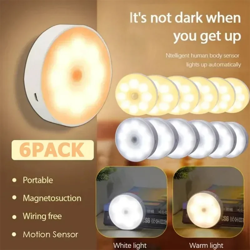 

6PCS Motion Sensor LED Night Light USB Rechargeable Night Lamp For Kitchen Cabinet Wardrobe Lamp Staircase Wireless Closet Light