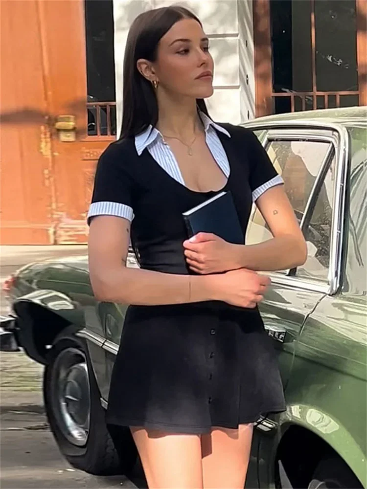 

2025 New Lapel Patchwork Mini Dress For Women Slim Short Sleeve Ribbed Contrast Summer 2025 New Dress Female Bodycon Dress