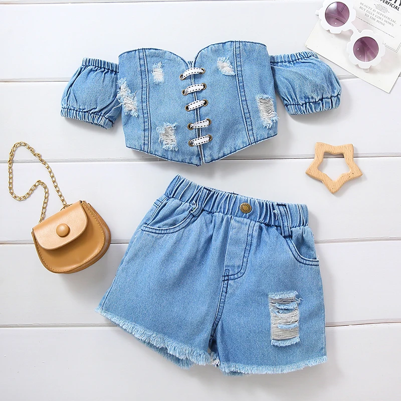 Summer Baby Girl\'s Off The Shoulder Short Sleeved Lace Up Strapless Denim Distressed Top+Shorts Set