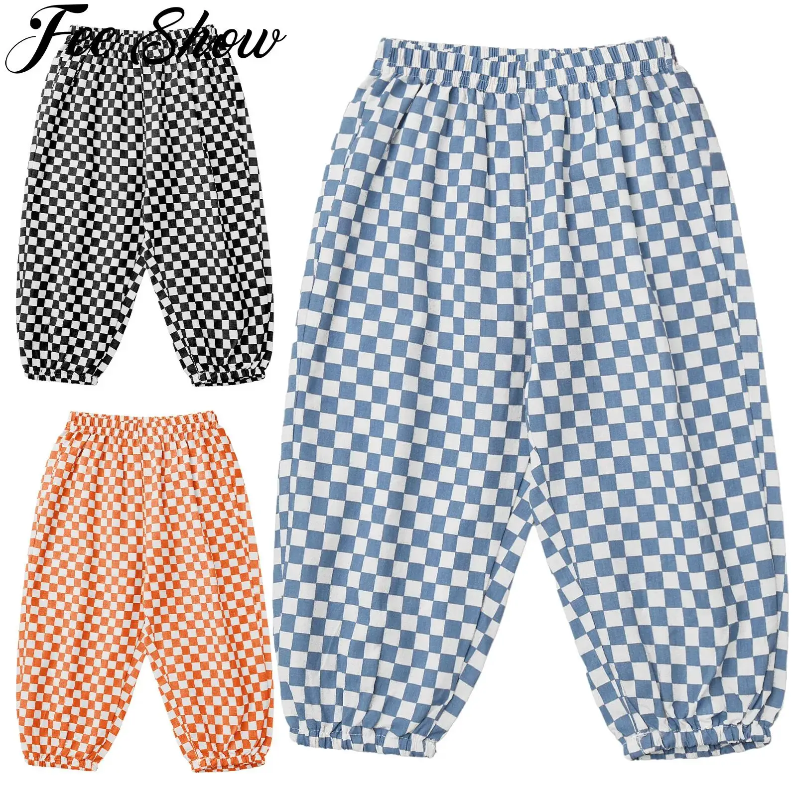 Infant Baby Clothing Casual Plaid Pants Elastic Waistband Loose Cotton Trousers with Pocket Children Summer Daily Sports Wear
