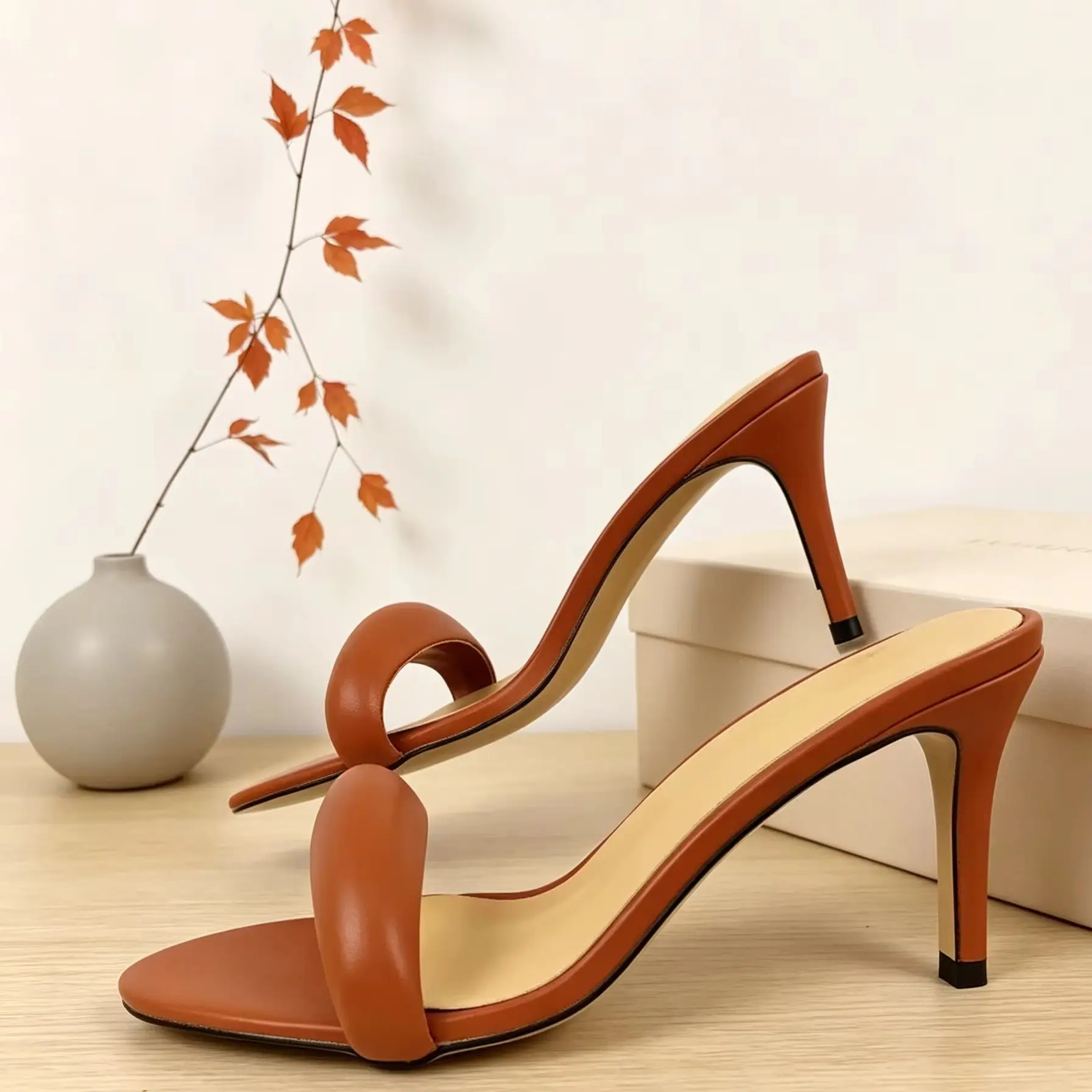 Brown Leather Single Padded Strap Women Stiletto Heel Mules Open Toe Backless Daily Sandals De Mujer Slides Casual Slipper Shoe