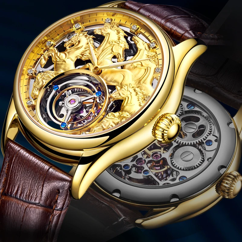 Aesop arloji mekanis pria, jam tangan Tourbillon Manual gerakan berongga 3D, baja tahan karat kulit safir sintetis tahan air 7007