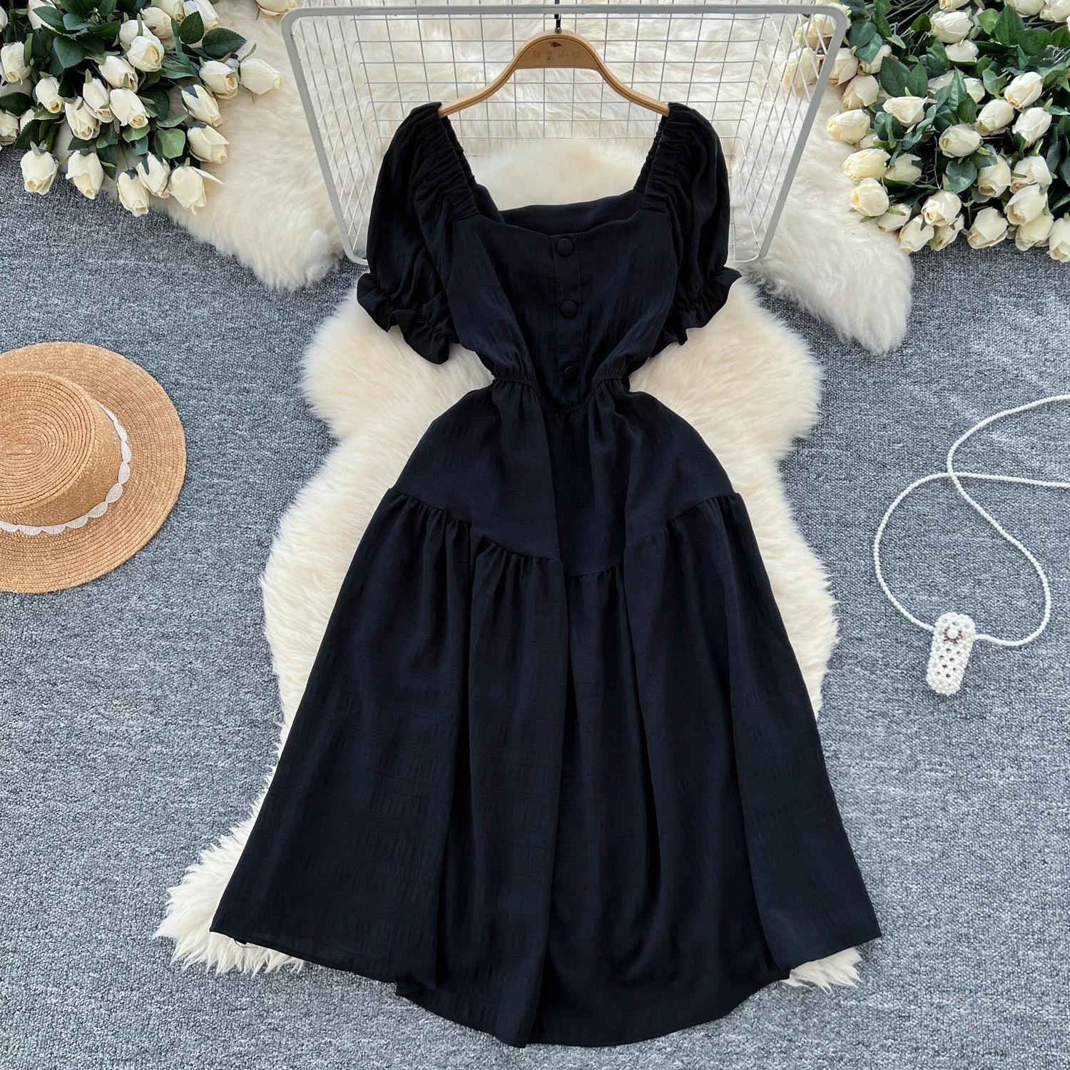 Chic Square Collar Vintage Short Puff Sleeve Elegant Pleated A-line Dresses French Fashion Evening High Street Summer Clothing