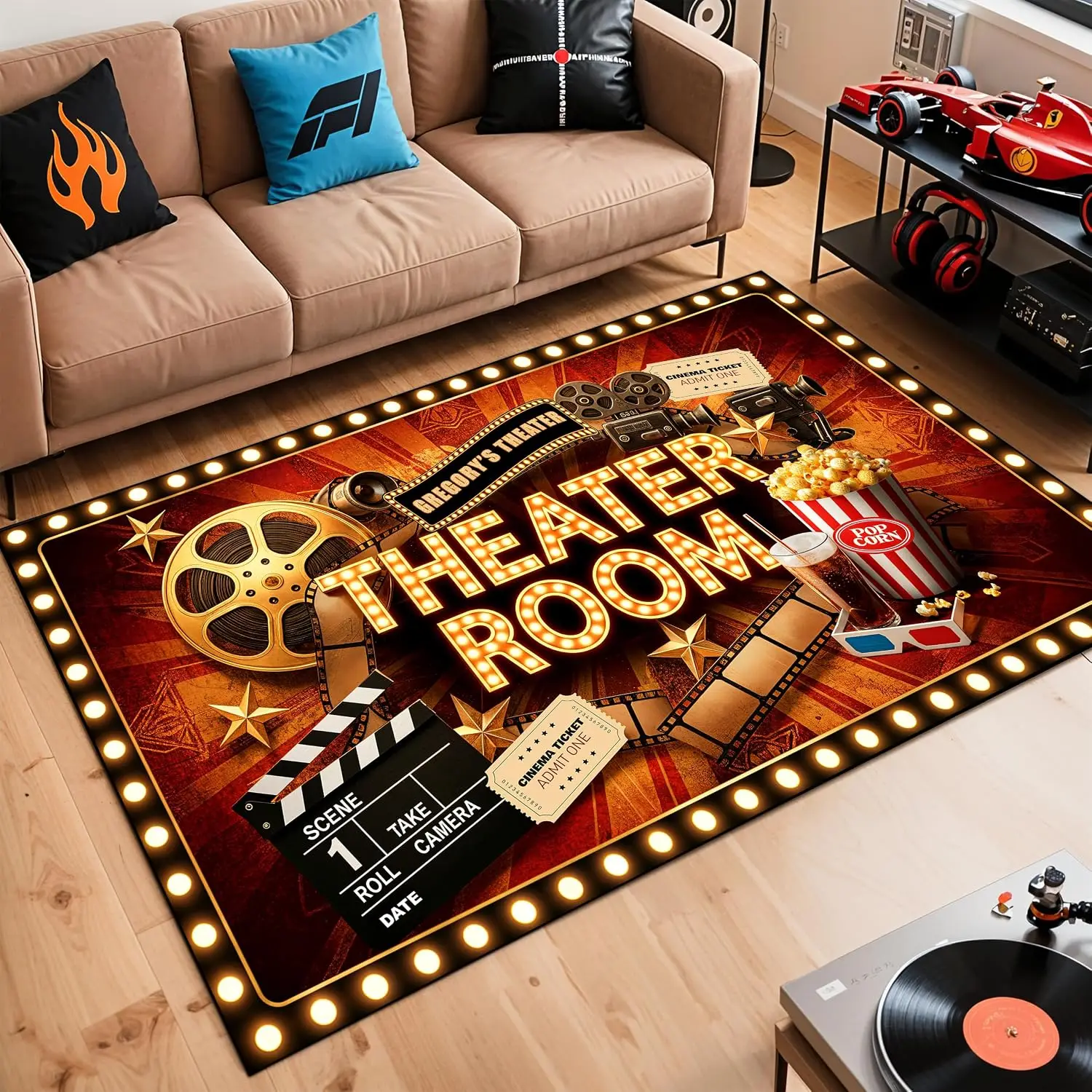 Retro Cinema Theme Rug, Non-Slip Carpet for Home Theater Media Room, Vintage Movie Decor Floor Mat