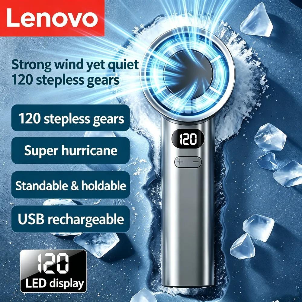 Lenovo Neuer tragbarer Ventilator mit 120 Geschwindigkeitsstufen, tragbare, blattlose Tischventilatoren, wiederaufladbar, sofortige Kühlung mit Eismodus für Männer und Frauen