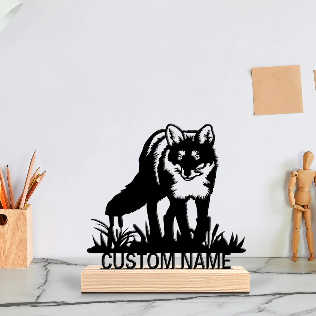 1pc Simple wolf Customized Name Art Figurine With Wood Base Iron SculptureFor Home Decor
