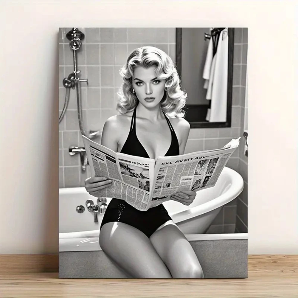 

Elegant Lady Reading Newspaper, Canvas Printed Poster In Bathroom, Modern Canvas Wall Art, For Living Room Home Decoration
