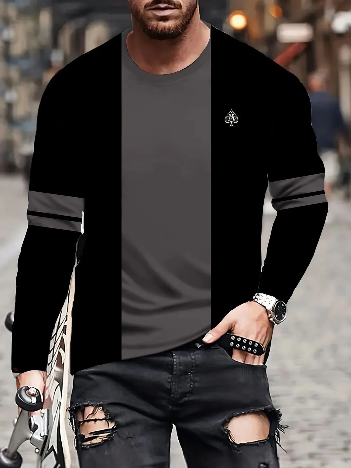 تي شيرت رجالي جديد بأكمام طويلة لربيع وخريف 2025 كاجوال عصري ومريح مع طباعة نمط ثلاثي الأبعاد #6