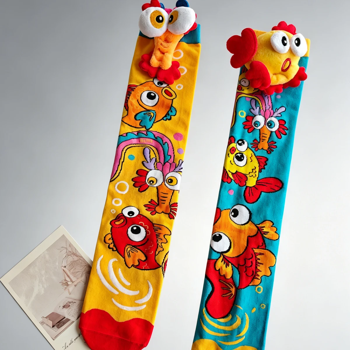1 Pair Double Color Block 3D Fuzzy Fish Head Long Socks, Fun Cartoon Koi Print Mid-Calf Socks, Stylish Party Wear Cotton Socks