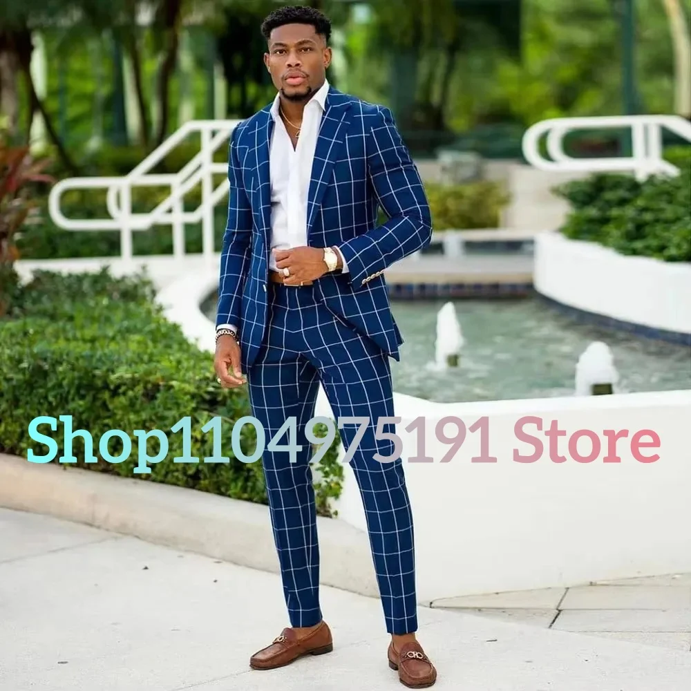 Graceful Plaid Business Men's Suits Notched Lapel Wedding Male Blazer Sets Tailored Formal Tuxedos Slim Fit Prom Jacket Pants