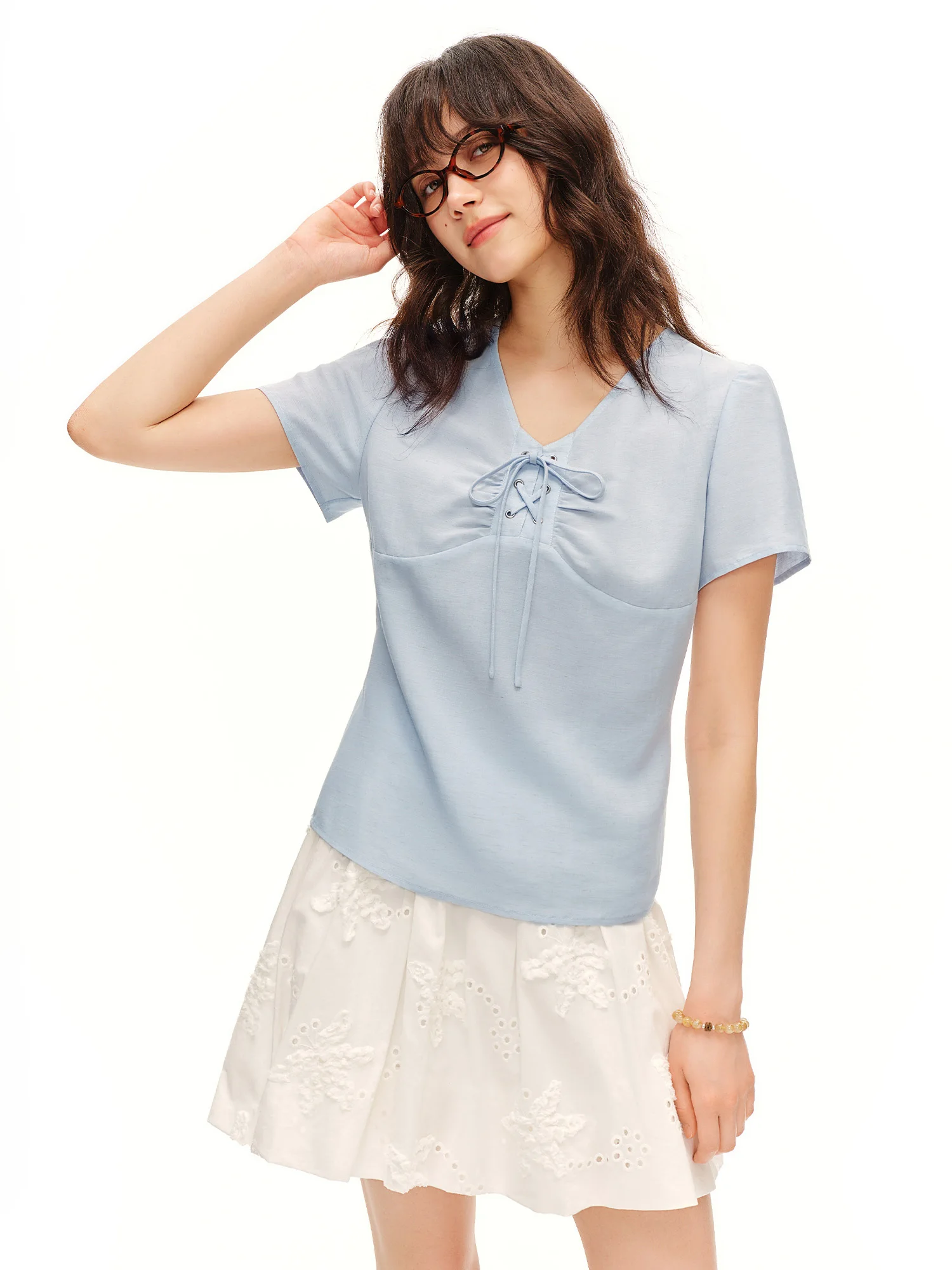 DUSHU Women V Neck Drawstring Tie Blouse 2026 Summer Short Sleeve Slim Waist Breathable Fabric Soft Casual Daily Top