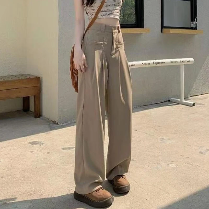 Rimocy High Waist Wide Leg Suit Pants for Women Korean Solid Straight Loose Trousers Woman All Match Pockets Casual Pants Laides