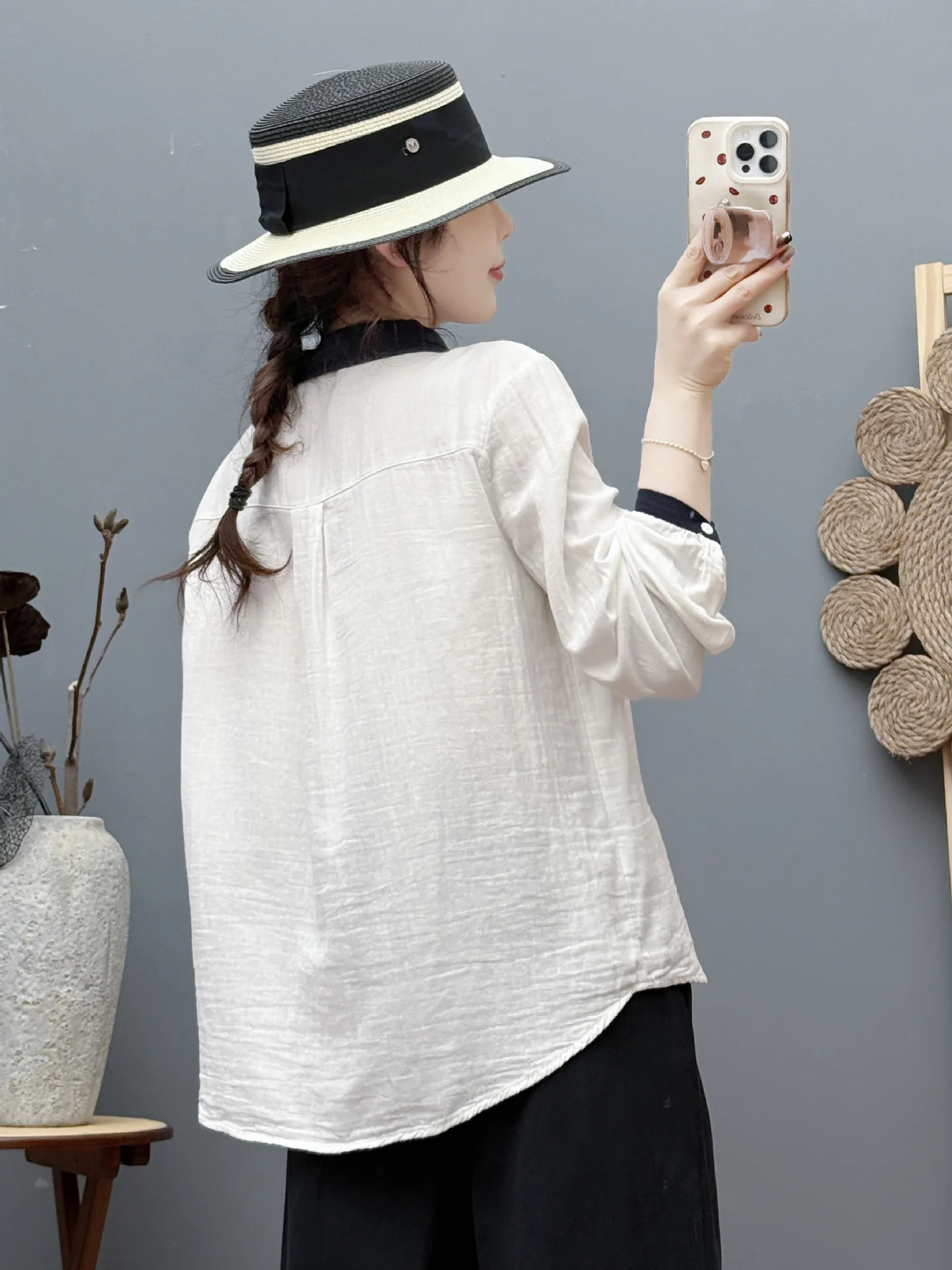 ใหม่2025ฤดูร้อนเส้นด้ายฝ้ายเสื้อแขนยาวผู้หญิงTurn-Down Collar Patchwork, Moriสาวเรียบง่ายนุ่มหลวมเสื้อt54815CC