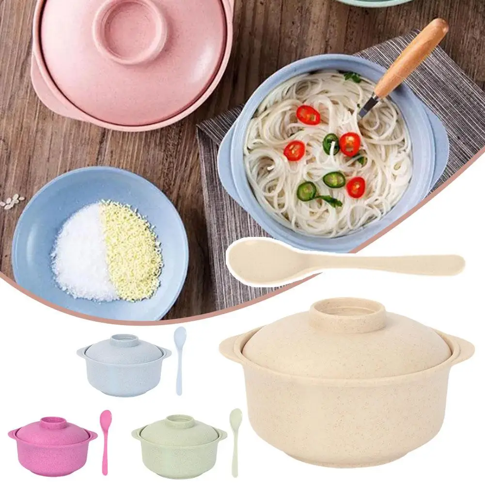 Wheat Straw Noodle Bowl with Lid Spoon Safe Ramen Bowl Set Anti-hot Microwavable Bowl Kitchen Dormitory Supplies