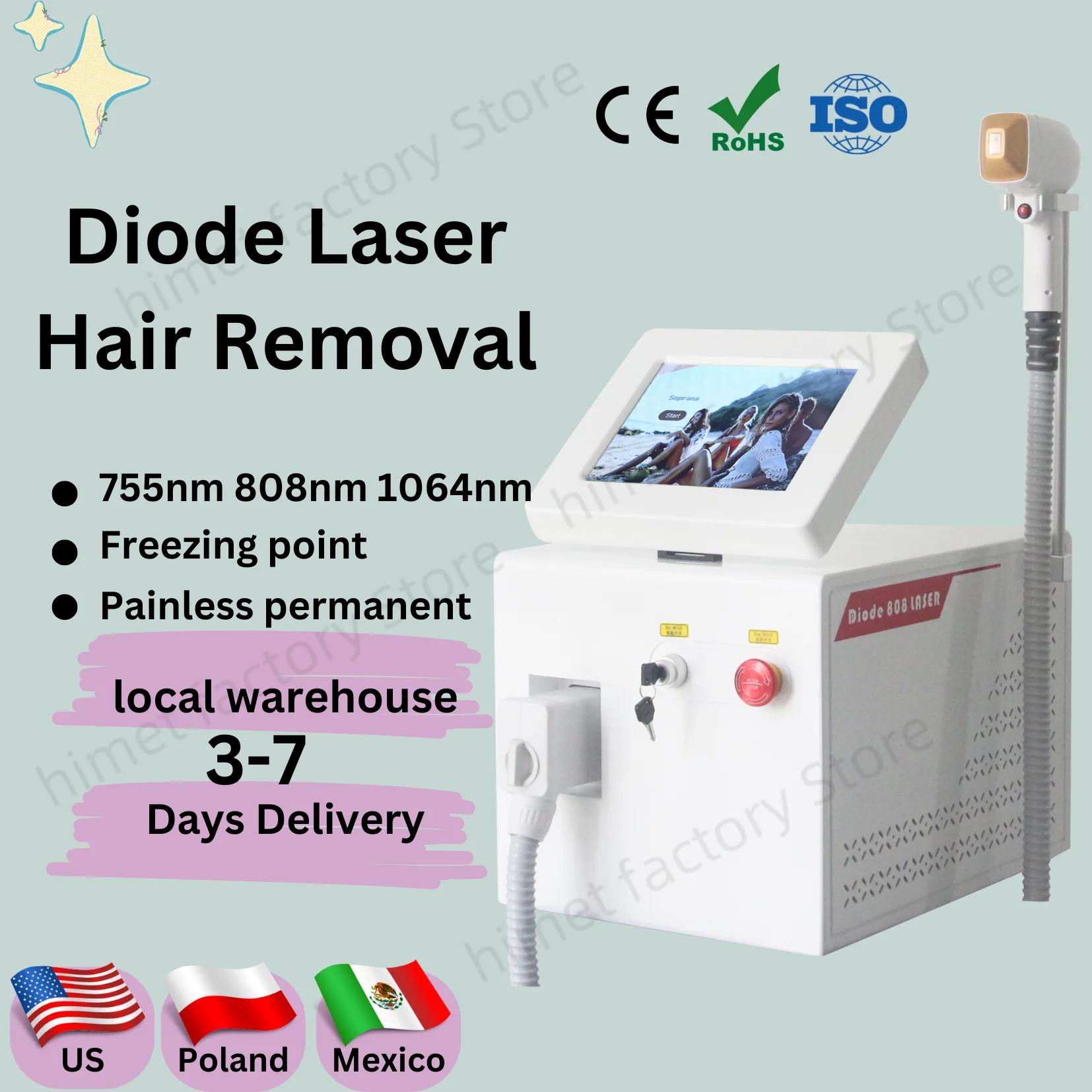 

Profession Diode Laser Hair Removal Machine 3 Wavelengths 755 808nm 1064 Painless Permanent IPL Full Body Hair Removal Machine