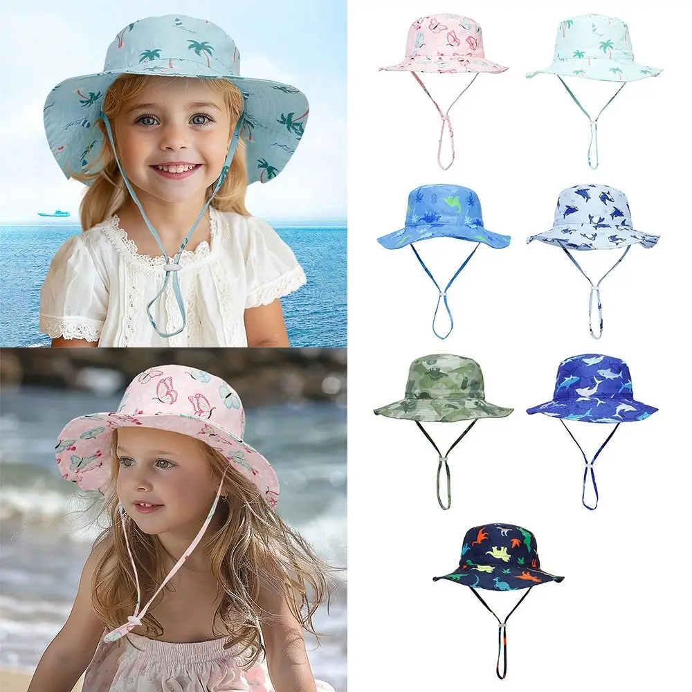 Dinosaur Shark Pattern Children's Sun Hat Quick-Dry Adjustable Beach Hat Breathable Kids Bucket Hat with Chin Strap