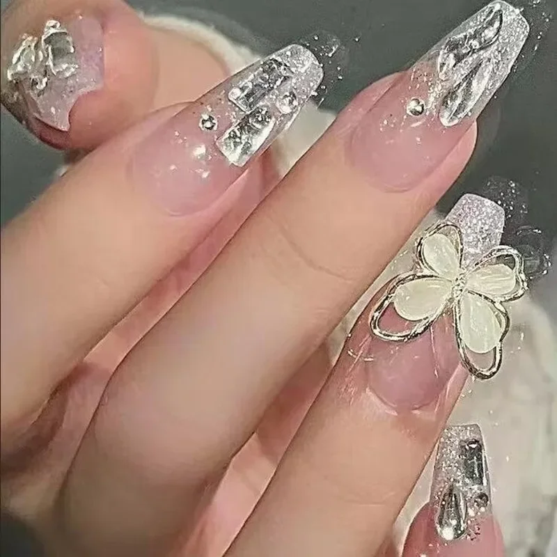 24 pçs/caixa unhas falsas imprensa em reutilizáveis com projetos conjunto francês artificial aurora diamante falso tipsy stick-on unhas dicas arte