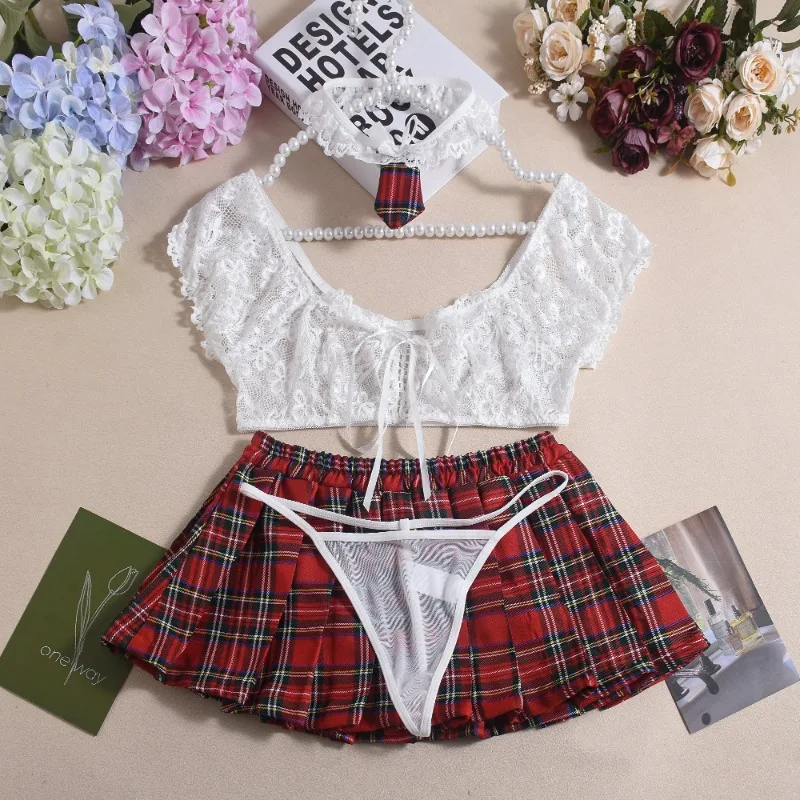 Toucheart Sexy Lingerie Suit for Women Lace Mesh See-through Lace Up Top Plaid Pleated Skirt Halter Women's Underwear Set New - Image 5