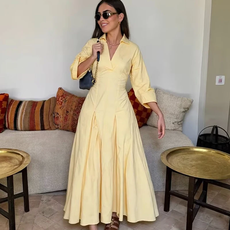 

Ticketsx Yellow Casual Long Dress Women's V Neck Lapel Half Sleeve Pleated Dress Female Summer Vacation High Street Slim Dresses