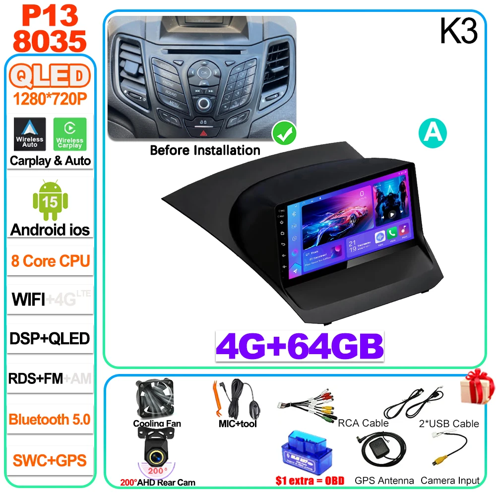 Auto radio Carplay Android 16 voor Ford Fiesta Mk 6 2009 2010 2011 2012 2013 2014 -2018 Radio Multimedia Videospeler Scherm GPS