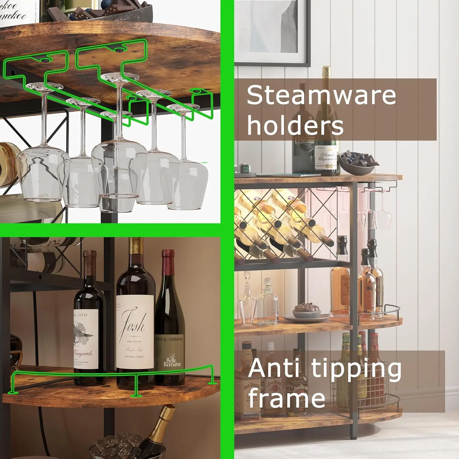 전원 소켓, LED 조명 및 3단 수납 공간이 있는 레트로 브라운 와인 캐비닛 바 카트(가정용 주방용)