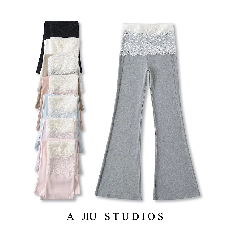 

Брюки-клеш с высокой талией в балетном стиле, женские эластичные утягивающие длинные леггинсы с кружевными вставками, повседневные брюки в уличном стиле