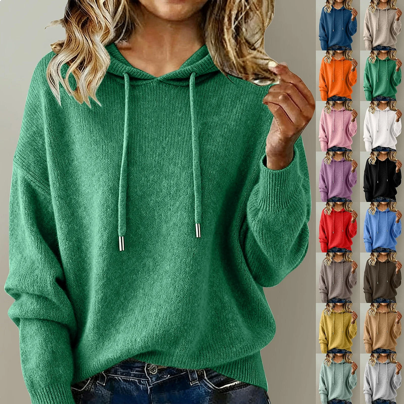 Hooded Drawstring Sweatshirt Women Tunic Top Casual Solid Knit Sweater Tops Pullover Sweatshirts