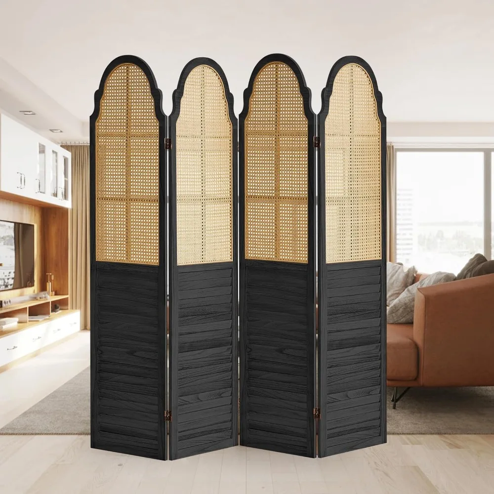 

4 Panel Rattan Room Divider and Folding Privacy Screen, Wood Room Divider Screen, Privacy Divider for Decoration, Louvered Parti