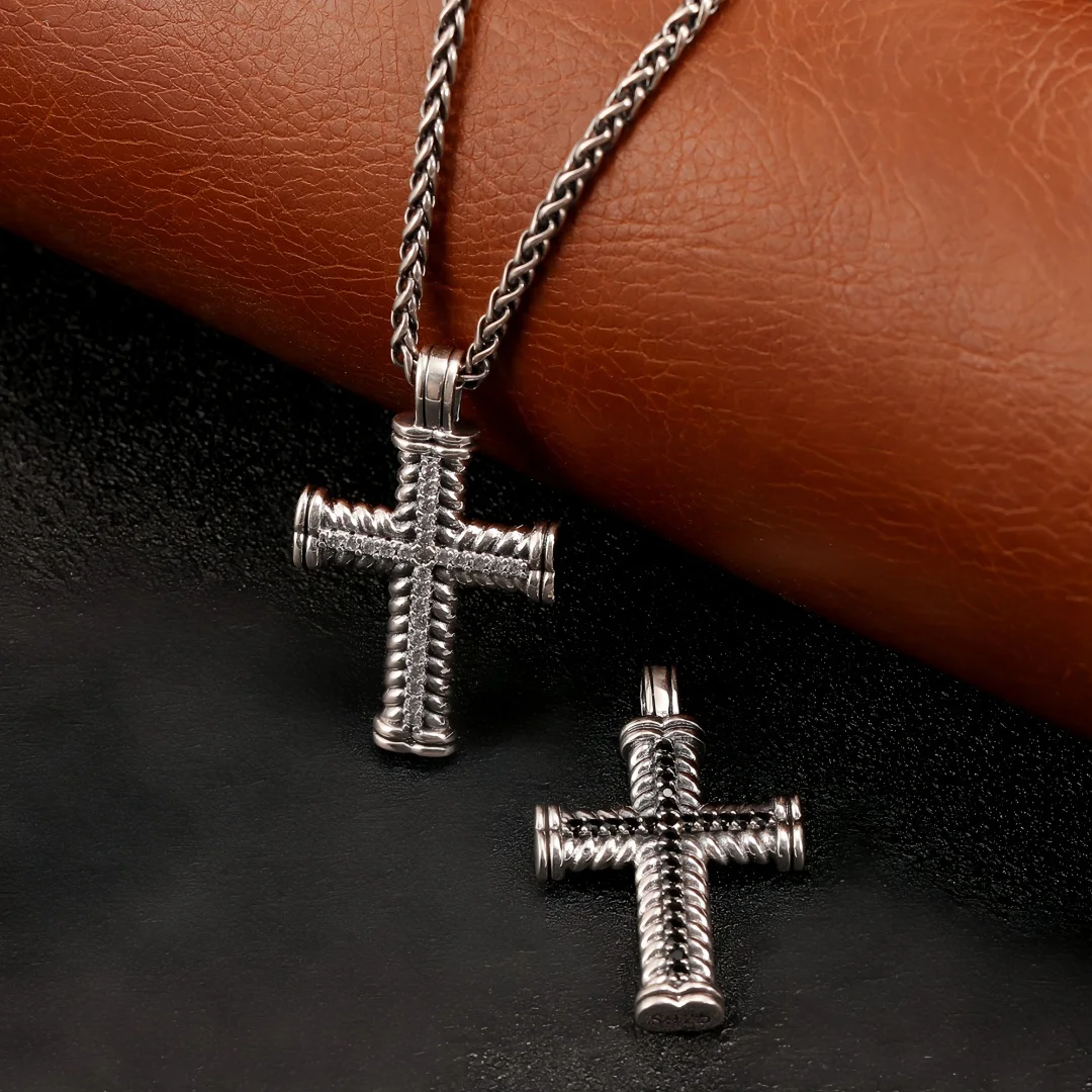 BOCAI New S925 Sterling Silver Charms Pendants for Men Women Antique Twist Pattern Micro Zircon Cross Charm Fine Choice Jewelry
