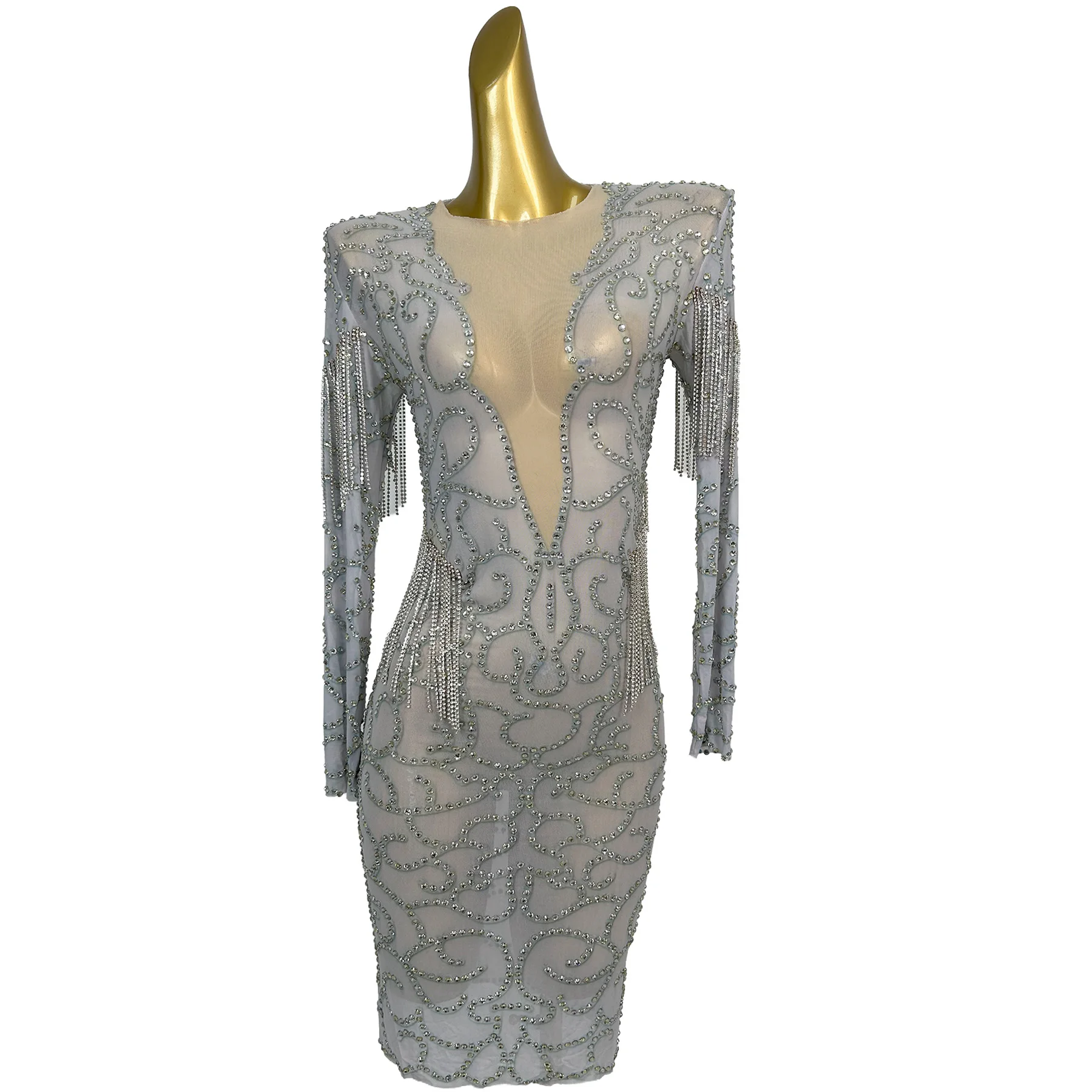 Zuanwenlianyiqun Women Deep V Sheer Mesh Rhinestone Fringe Bodycon Mini Dress Long Sleeve Nightclub Party Evening Dress