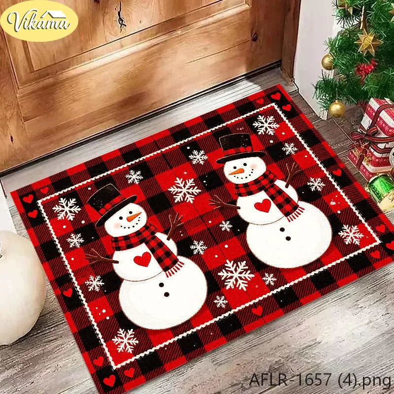 VIKAMA Buffalo Check Christmas Snowman Doormat, Snowman, Snowflake, and Heart Print Floor Mat, Non-Slip Entryway Rug, Home Decor